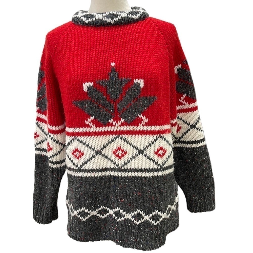 Vintage Susann D Oversized Acrylic Wool Nordic Print Sweater Red Grey Cream SZ M